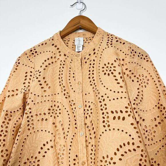 JOIE Cotton Eyelet Button Front Long Sleeves Blouse Top Sz XS Yellow Cottage - Picture 3 of 11